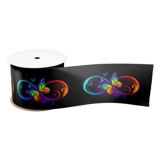 Ruban En Satin Vibrant infinity with rainbow butterfly on black (Bobine)