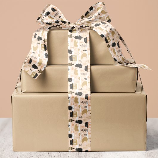 Ruban En Satin Village d'ours de Noël en rose, noir et or