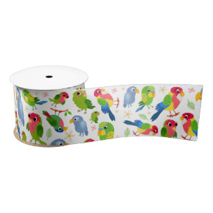 Ruban En Satin Vintage Birds Motif, Colorful parakeet motif