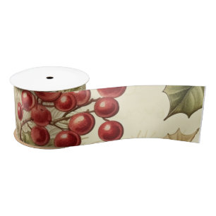 Ruban En Satin Vintage Poinsettia et Berries Noël Motif