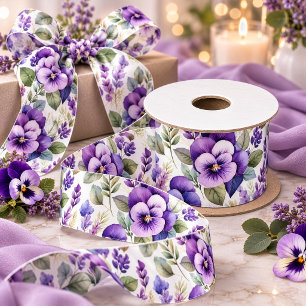 Ruban En Satin Violettes Florales Élégantes à l'Aquarelle Violett