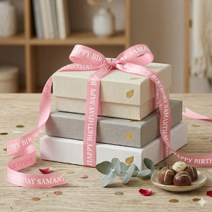 Ruban En Satin Vœu d'anniversaire élégant rose pastel et blanc