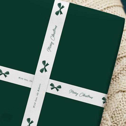 Ruban En Satin Whimsical Green Bows Joyeux Noël Nom personnalisé