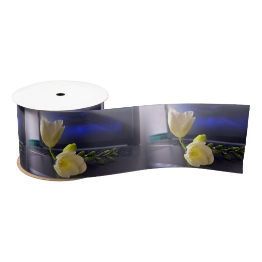 Ruban En Satin White yellow freesia (Bobine)