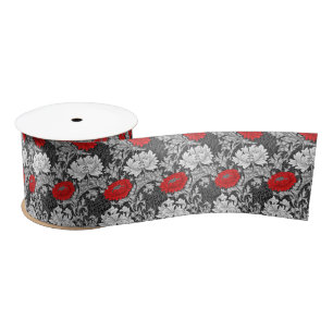 Ruban En Satin William Morris Chrysanthèmes, gris et rouge