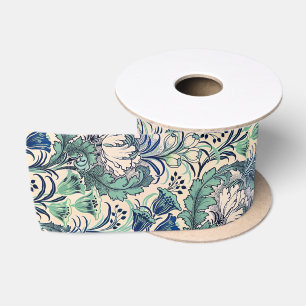 Ruban En Satin William Morris Vert Crème Turquoise Motif Floral