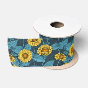 Ruban En Satin Zinnias jaune sur bleu foncé