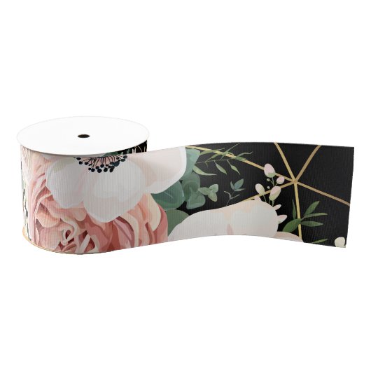 Ruban Gros-grain 3" Grosgrain ruban Rose de jardin géométrique Noir (Bobine)