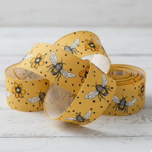 Ruban Gros-grain Abeilles Bourdonnantes Ocres & Fleurs de Cosmos