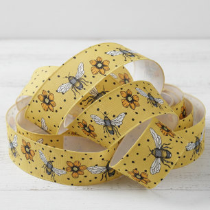 Ruban Gros-grain Abeilles jaunes et floraisons de Cosmos