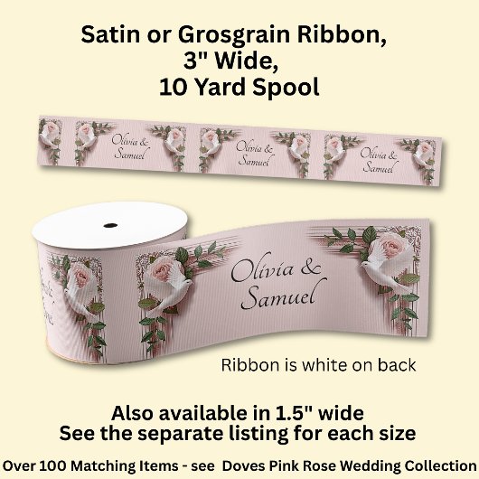 Ruban Gros-grain Add Names, 3" Wide Pink Roses & Doves Wedding