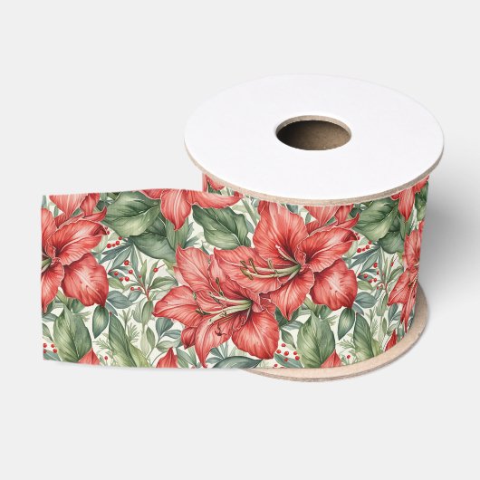 Ruban Gros-grain Amaryllis géant rouge pour les Fêtes (Bobine)