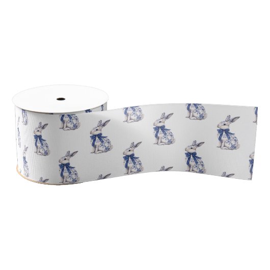 Ruban Gros-grain Aquarelle Bleu et blanc Chinoiserie Lapin Rabbit (Bobine)