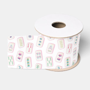 Ruban Gros-grain Aquarelle Carreaux de Mahjong rose et vert