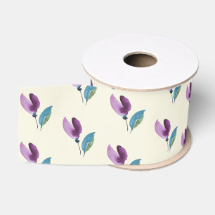 Ruban Gros-grain Aquarelle peinte à la main Fleurs Vertes Violettes