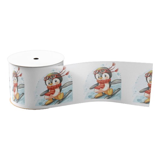 Ruban Gros-grain Aquarelle Pingouins Ski de neige (Bobine)