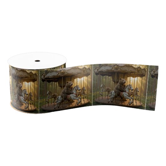 Ruban Gros-grain Bear Riding a Carousel Horse in a Forest (Bobine)