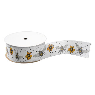 Ruban Gros-grain Blancs croustillants Abeilles et Fleurs Cosmos