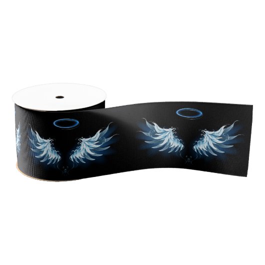Ruban Gros-grain Blue Glowing Angel Wings on black background (Bobine)