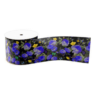 Ruban Gros-grain BLUE ROSES AND YELLOW BUTTERFLIES Black