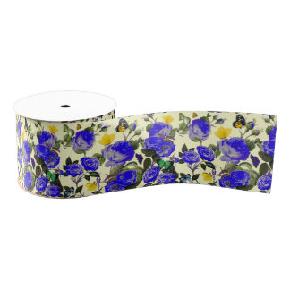 Ruban Gros-grain BLUE ROSES AND YELLOW BUTTERFLIES White
