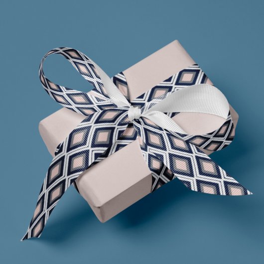 Ruban Gros-grain Blush Pink et Navy Diamond Ikat Motif