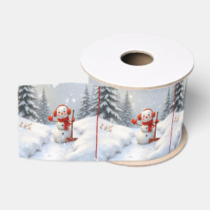 Ruban Gros-grain Bonhommes de neige de Noël avec des pelles rouges