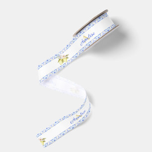 Ruban Gros-grain Carreau bleu motif de citron de campagne française