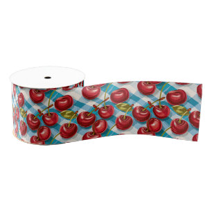 Ruban Gros-grain Cerises mignonnes et Motif bleu plaid