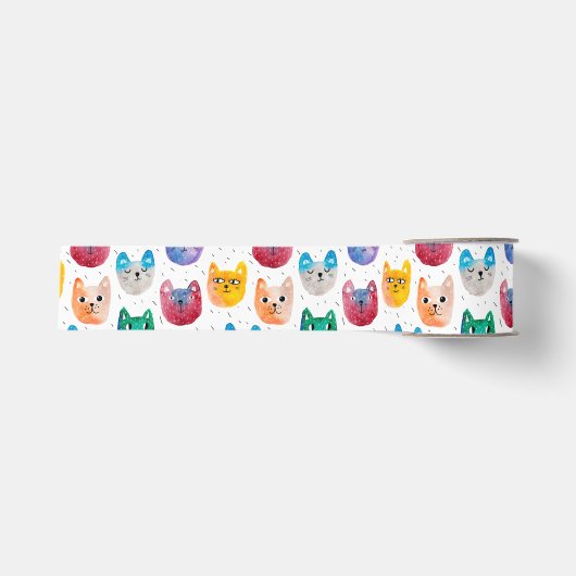 Ruban Gros-grain Chats aquarelles et amis (Devant)