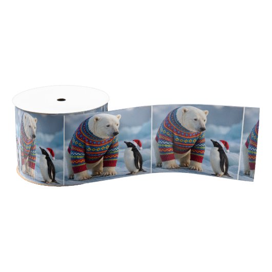 Ruban Gros-grain Christmas Polar Bear and Penguin On a Glacier (Bobine)