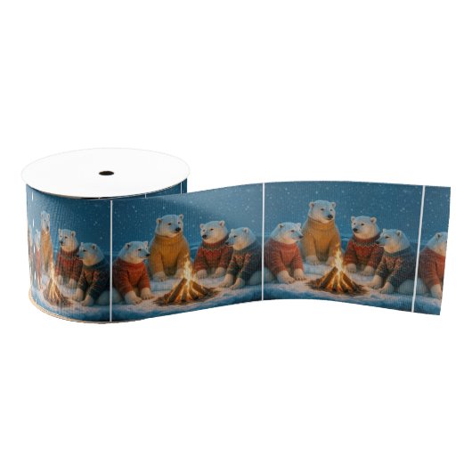 Ruban Gros-grain Christmas Polar Bears Around a Bonfire (Bobine)