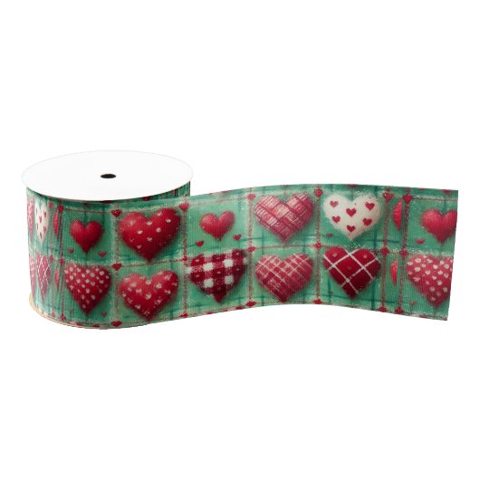 Ruban Gros-grain Christmas Quilted Hearts Green Red White  (Bobine)