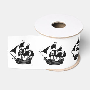 Ruban Gros-grain Crâne de navire pirate noir os croisés couleurs DI