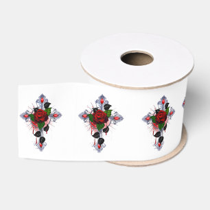 Ruban Gros-grain Croix d'argent avec une rose rouge