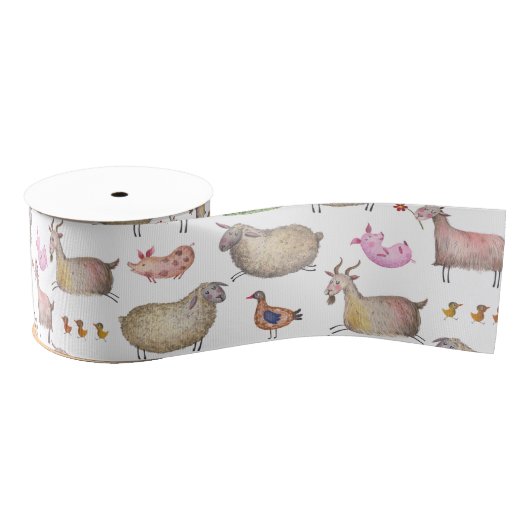 Ruban Gros-grain Cute Aquarelle ferme Grange Animaux Motif (Bobine)