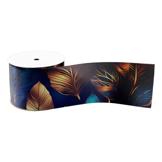 Ruban Gros-grain Elégant Gold Blue Foliage Nature Design (Bobine)