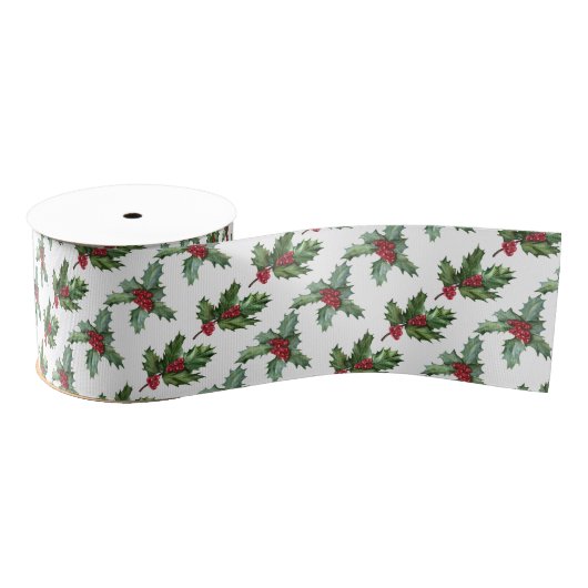 Ruban Gros-grain Elegant Holly Berries Motif Noël (Bobine)