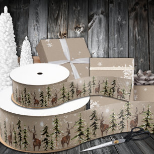 Ruban Gros-grain Élégant Kraft Winter Woodland Spruce Reindeer 1,5 