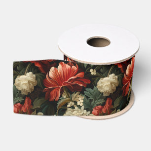 Ruban Gros-grain Élégant Noël Rouge & Crème Vintage Floral