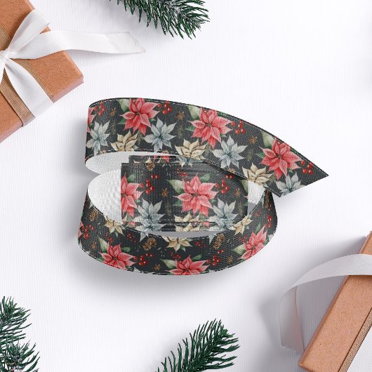 Ruban Gros-grain Ferme Poinsettia gris foncé Noël rustique