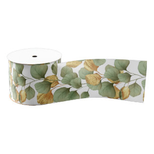 Ruban Gros-grain Feuilles verts et or.  Motif