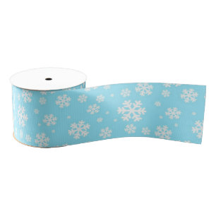 Ruban Gros-grain Flammes de neige blanches sur Motif d'hiver bleu c