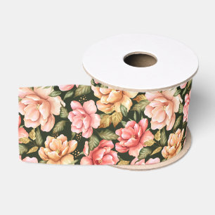 Ruban Gros-grain Fleur rose et jaune. Motif romantique