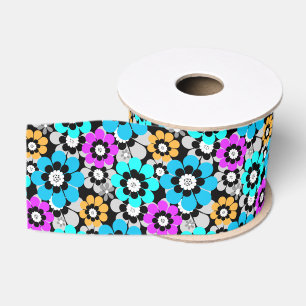 Ruban Gros-grain Fleurs colorées marguerites Bleu Turquoise Violet