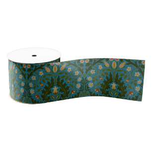 Ruban Gros-grain Fleurs d'Automne Vintage Bleu Vert William Morris