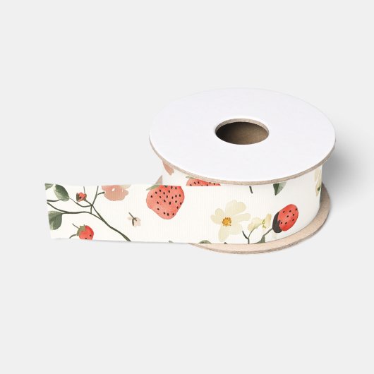 Ruban Gros-grain Fleurs de fraises Anniversaire (Bobine)