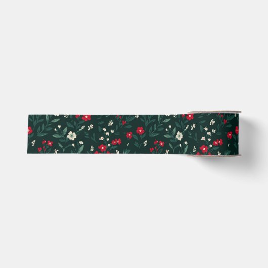 Ruban Gros-grain Fleurs de Noël vertes rouges et blanches (Devant)