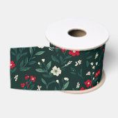 Ruban Gros-grain Fleurs de Noël vertes rouges et blanches (Bobine)