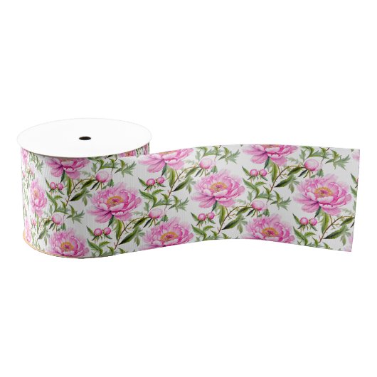 Ruban Gros-grain Fleurs de pivoines roses avec Feuilles verts Sage (Bobine)